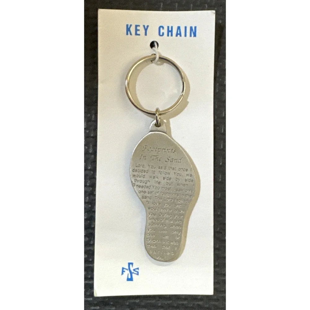 VTG NOS Pewter Religious Christian Keychain Footprints In The Sand